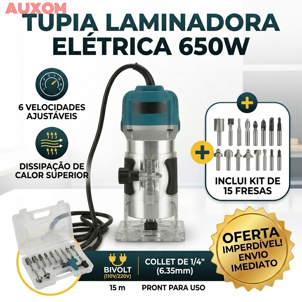 Tupia Laminadora Elétrica 650W 30000RPM Profissional para Madeira Kit 15 Fresas 110V 220V