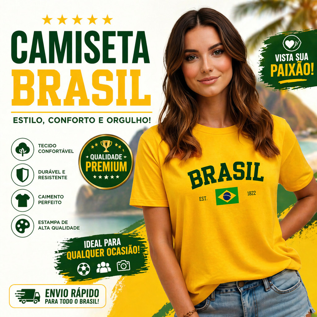Camisa Feminina Brasil Camisa Gola Redonda 100% Algodão Copa do Mundo 2026