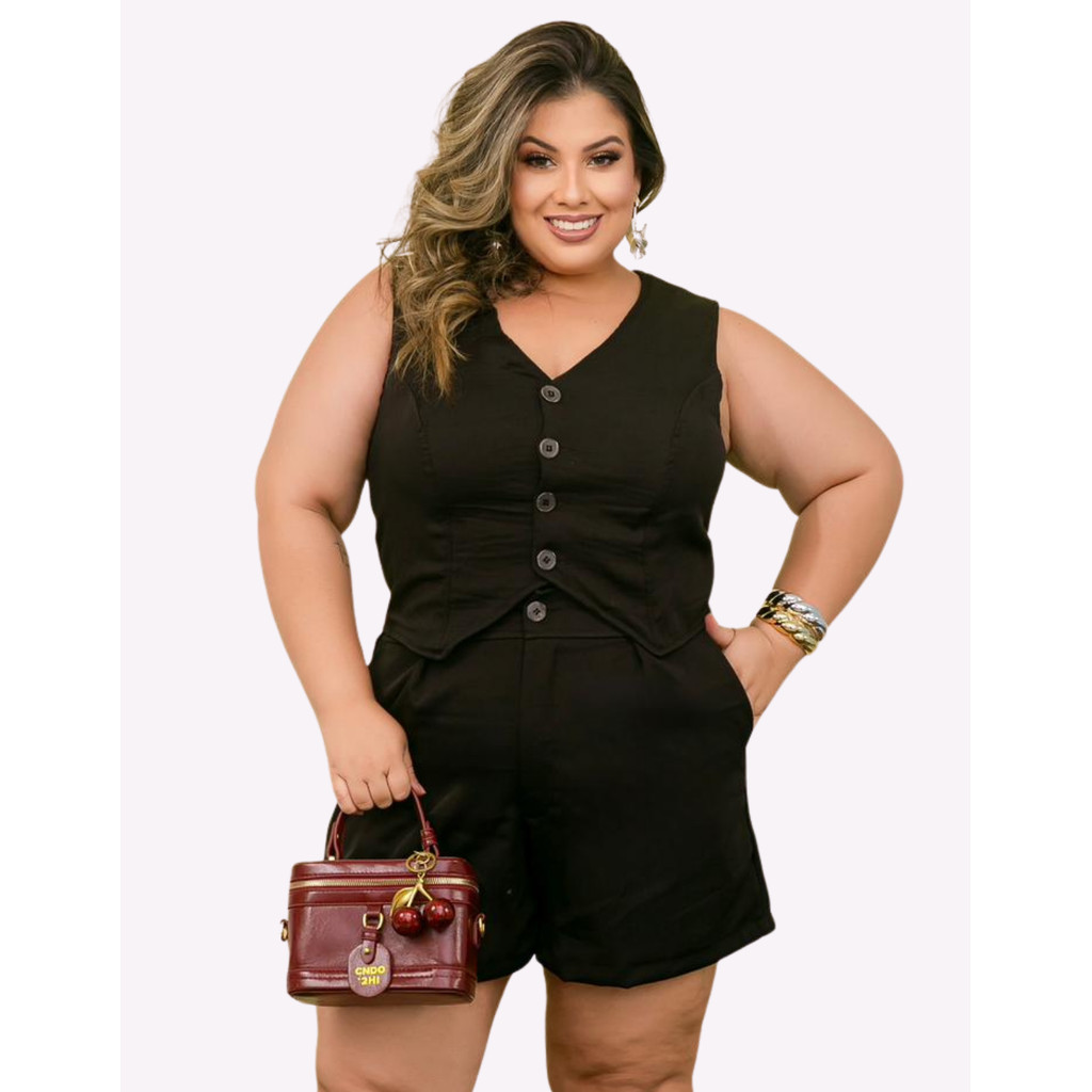 Conjunto Alfaiataria Feminino Colete e Short Elegante Monique Buh Store Oficial