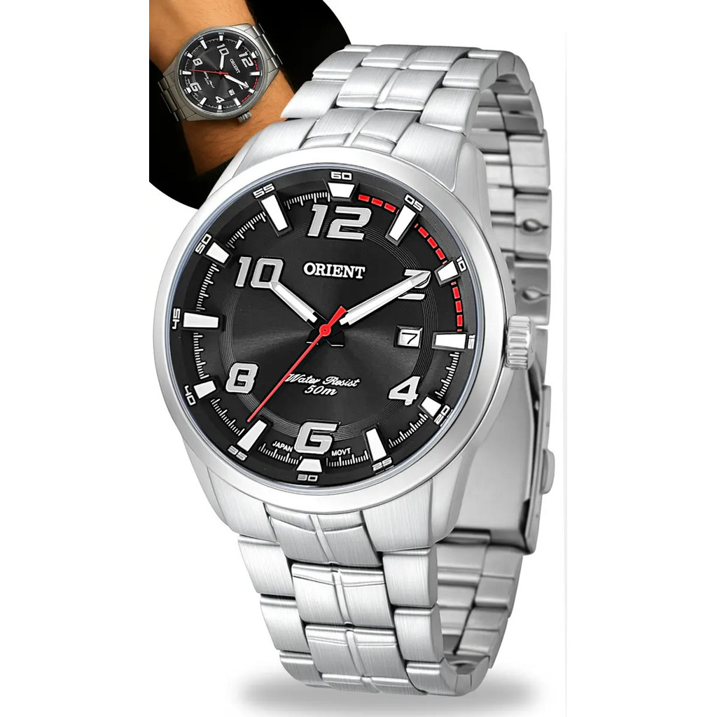 Relógio Masculino Orient Mbss1382 P2sx Quartz Analógico Aço Prateado Preto C/ Vermelho