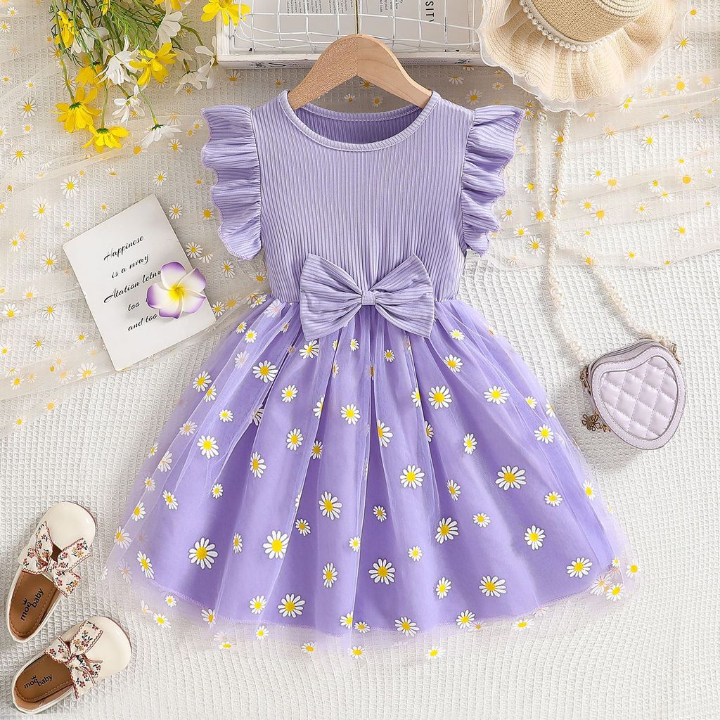 Estoque pronto frete grátis vestido infantil verão estilingue gaze saia meninas pequeno Zou Ju saia Floral vestido infan