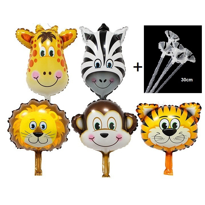 220 Balão Metalizado Animais Safari Tigre Zebra Macaco Leão Girafa 32cm + 1 Bombinha + 220 Varetas