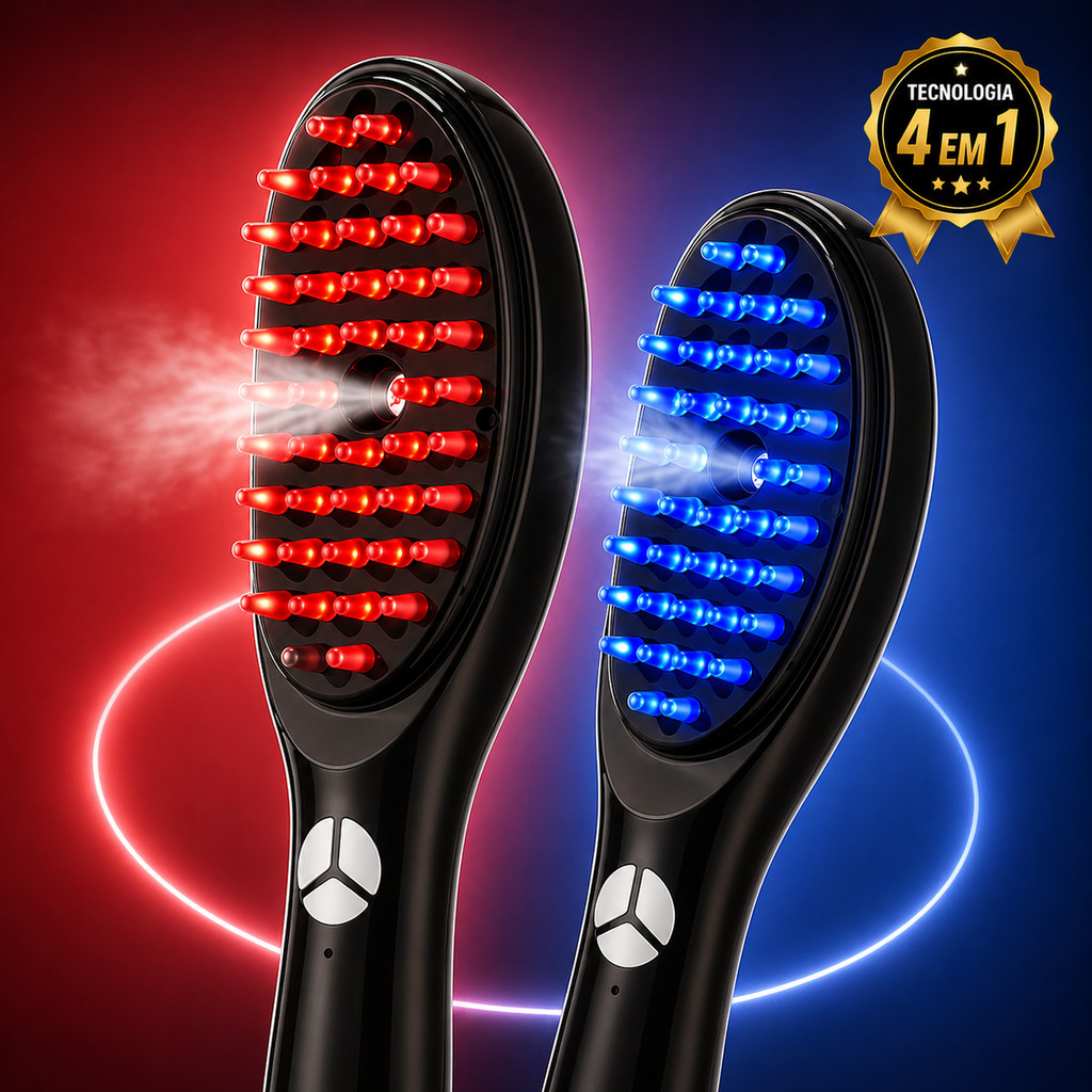 Escova Massageadora Couro Cabeludo LED Vermelho Escova Elétrica Capilar Antiqueda 4 em 1 USB