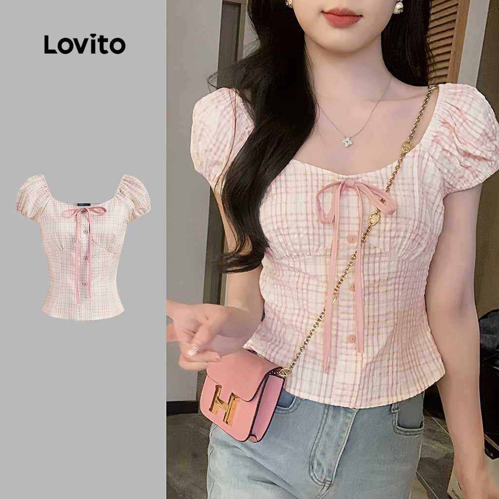 Lovito Casual Blusa Rosa Xadrez Vichy Com Laço Para Look De Primavera/verão Para Mulheres L136AD105