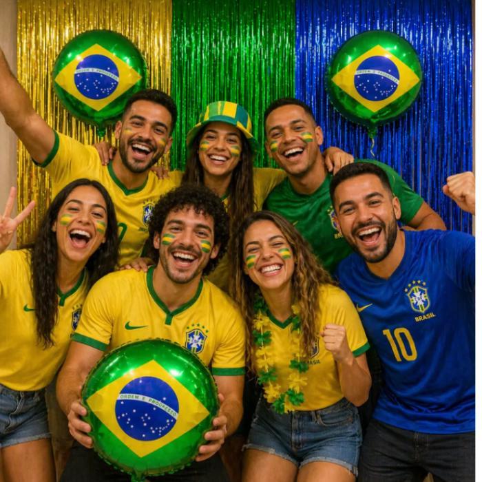 Kit Decoração Brasil Copa do Mundo Cortinas Verde Amarela e Azul + Balão Seleção Brasileira Bandeira Brazil