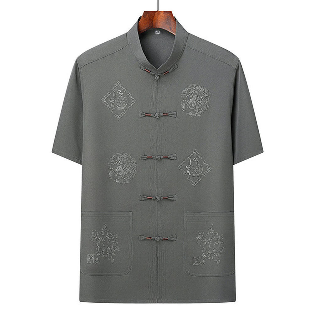 Terno Tang masculino de meia-idade, idosos, seda gelada, manga curta, estilo chinês, roupas masculinas, roupas de pai, v