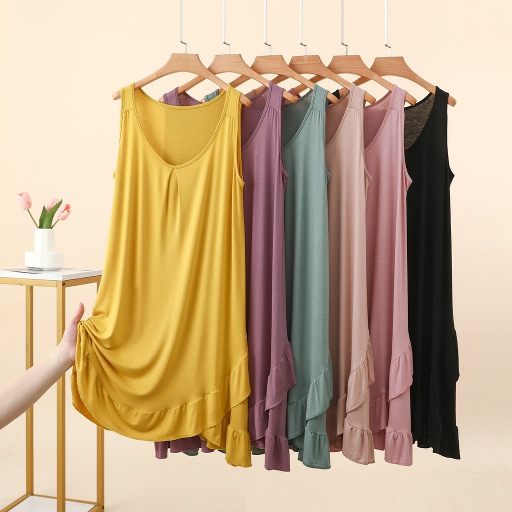 Vestido regata solto em modal para mulheres, vestido fino de gola redonda em corte A, vestido casual com barra larga, ca