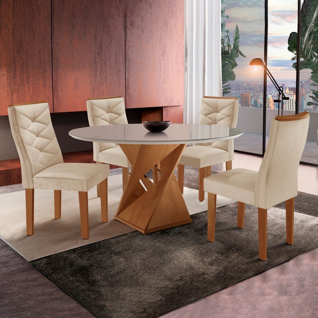 Conjunto Mesa Redonda com Vidro e 4 Cadeiras Tampo Barcelona Yescasa Cinamomo/Off White/Suede Pena Cinamomo/Off