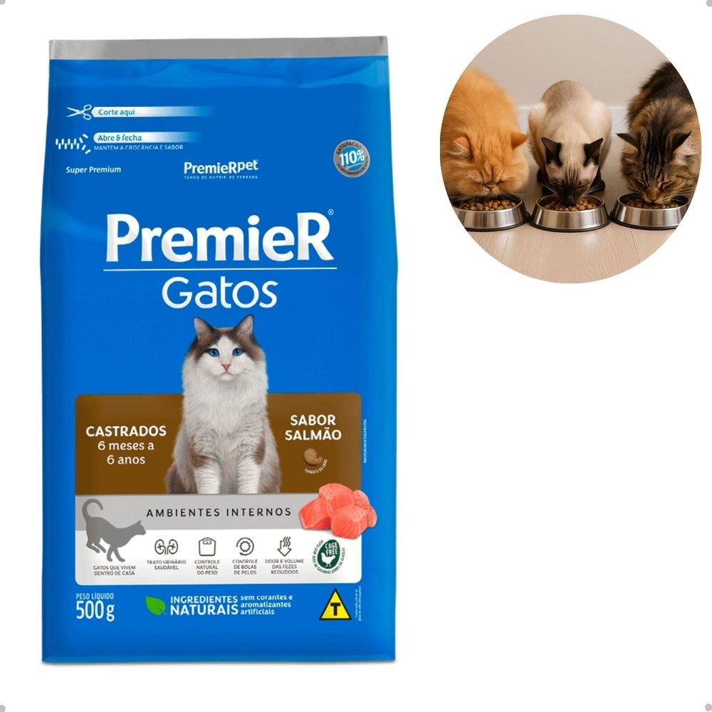 Ração Premier Ambientes Internos Gatos Castrados 6 Meses a 6 Anos Salmão de 7,5kg