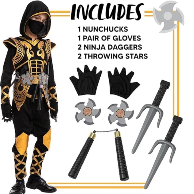 Criança Ninja Guerreiro Cosplay Traje Preto E Ouro Samurai Outfit Com Katana , Sai & Acessórios Para Crianças Role Play