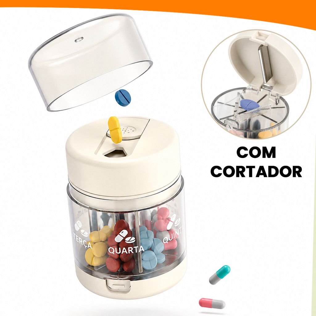 Porta Comprimidos Semanal 7 Dias Com Cortador Portátil Organizador de Remédios