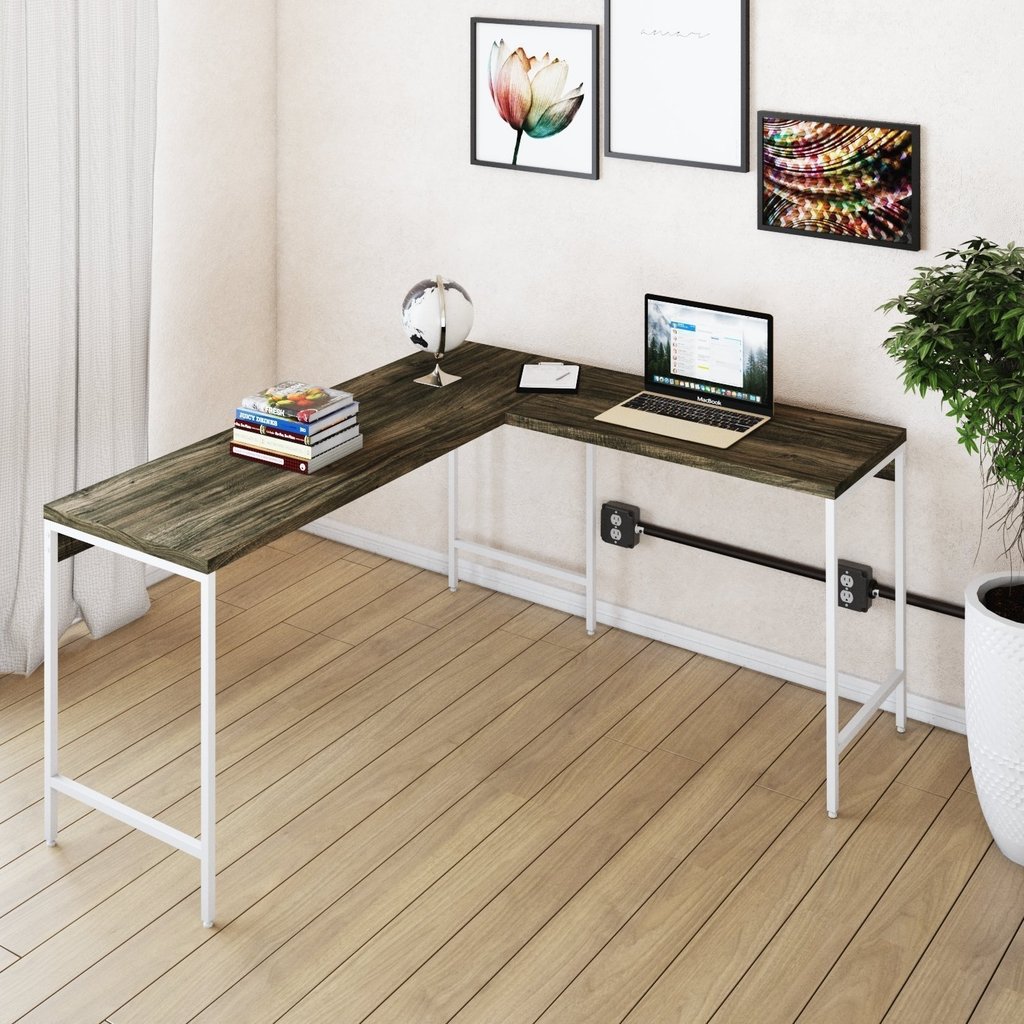 Escrivaninha Mesa Escritório em L Estilo Active 150cm Industrial Yescasa Carvalho Dark/Branco Chess