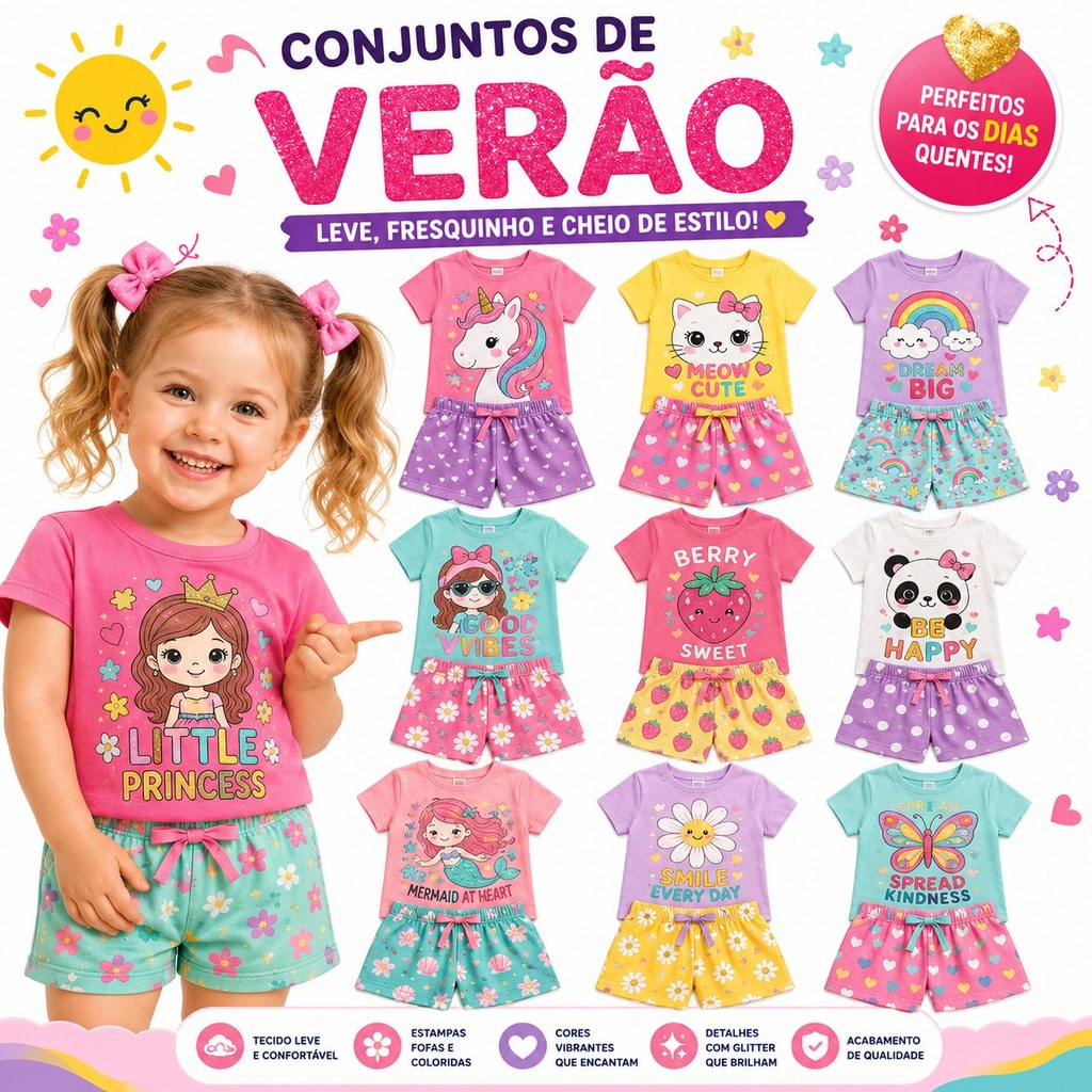 Kit Sortido 6 Peças Roupa de Menina Verão Infantil Feminino 3 Conjuntos de VERÃO Bebê Menina Camiseta e Shorts 