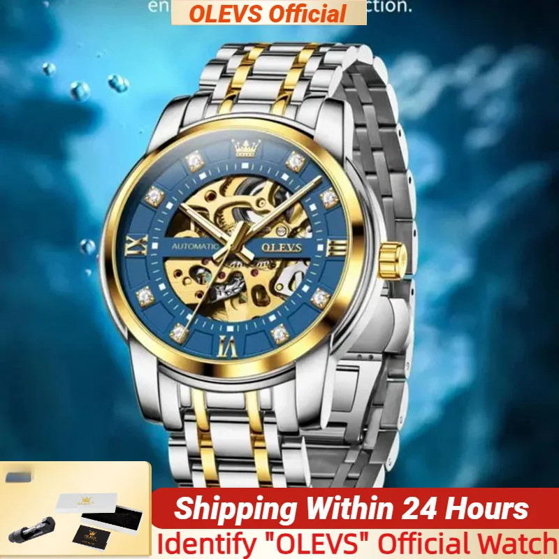 OLEVS 9901 Relógios Masculinos Automáticos Esqueleto De Negócios Luxo Diamante Dial Ouro Relógio De Pulso Mecânico Para