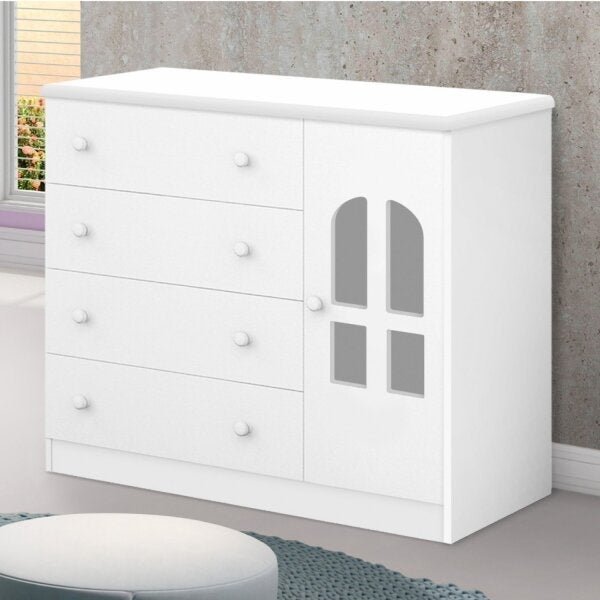 Cômoda de Bebê 1 Porta 4 Gavetas Alvin Branco Branco