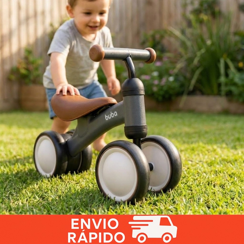 Bicicleta Equilíbrio Buba 4 Rodas Preta Infantil Bebê Sem Pedal Andador Menino