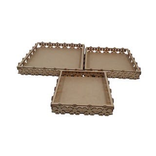 Trio Bandejas Banheiro Cozinha Decoração Pérolas Margaridas Mdf Cru