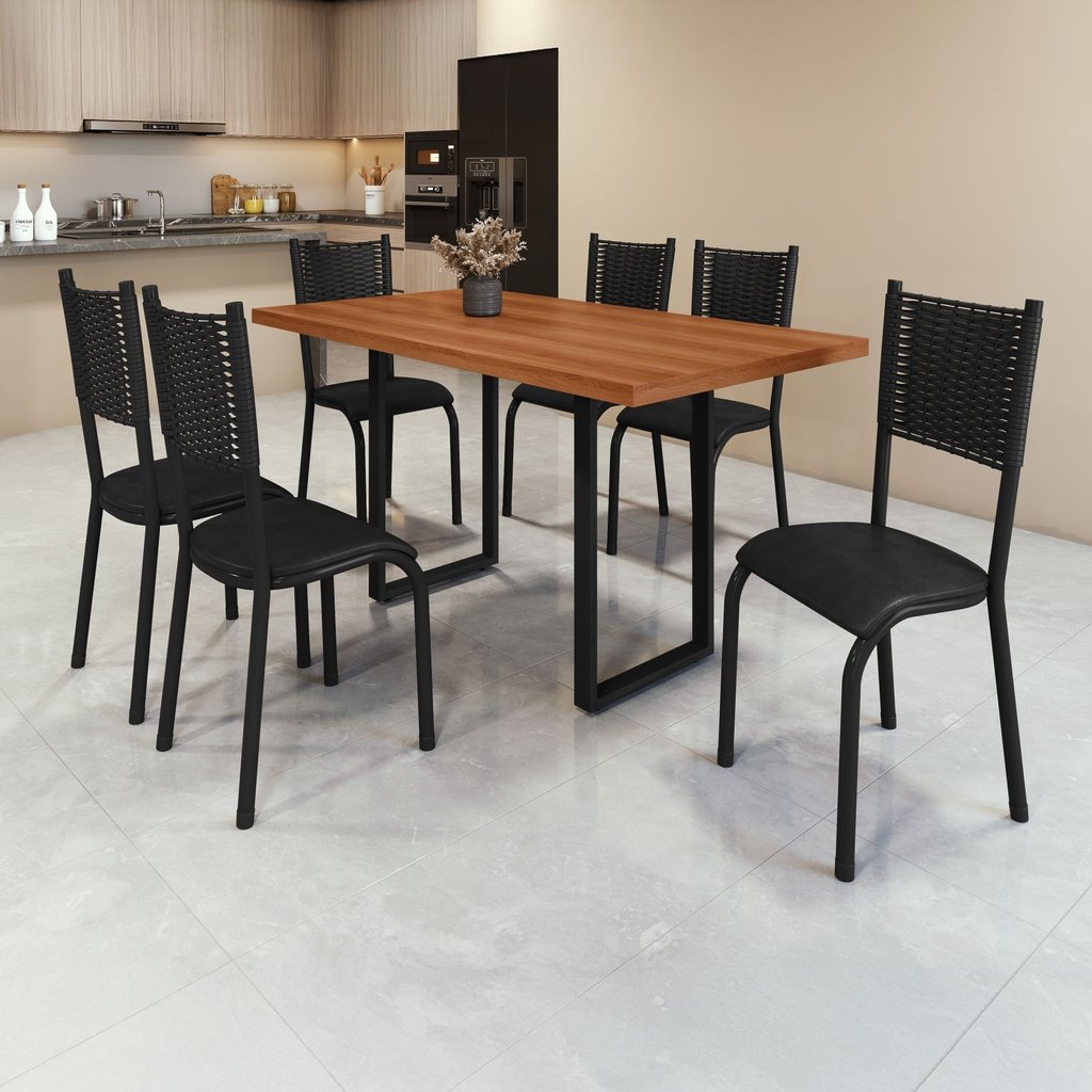 Conjunto Sala de Jantar 6 Lugares Retangular Mesa Tampo Madeira Bp 136x75cm Mariana