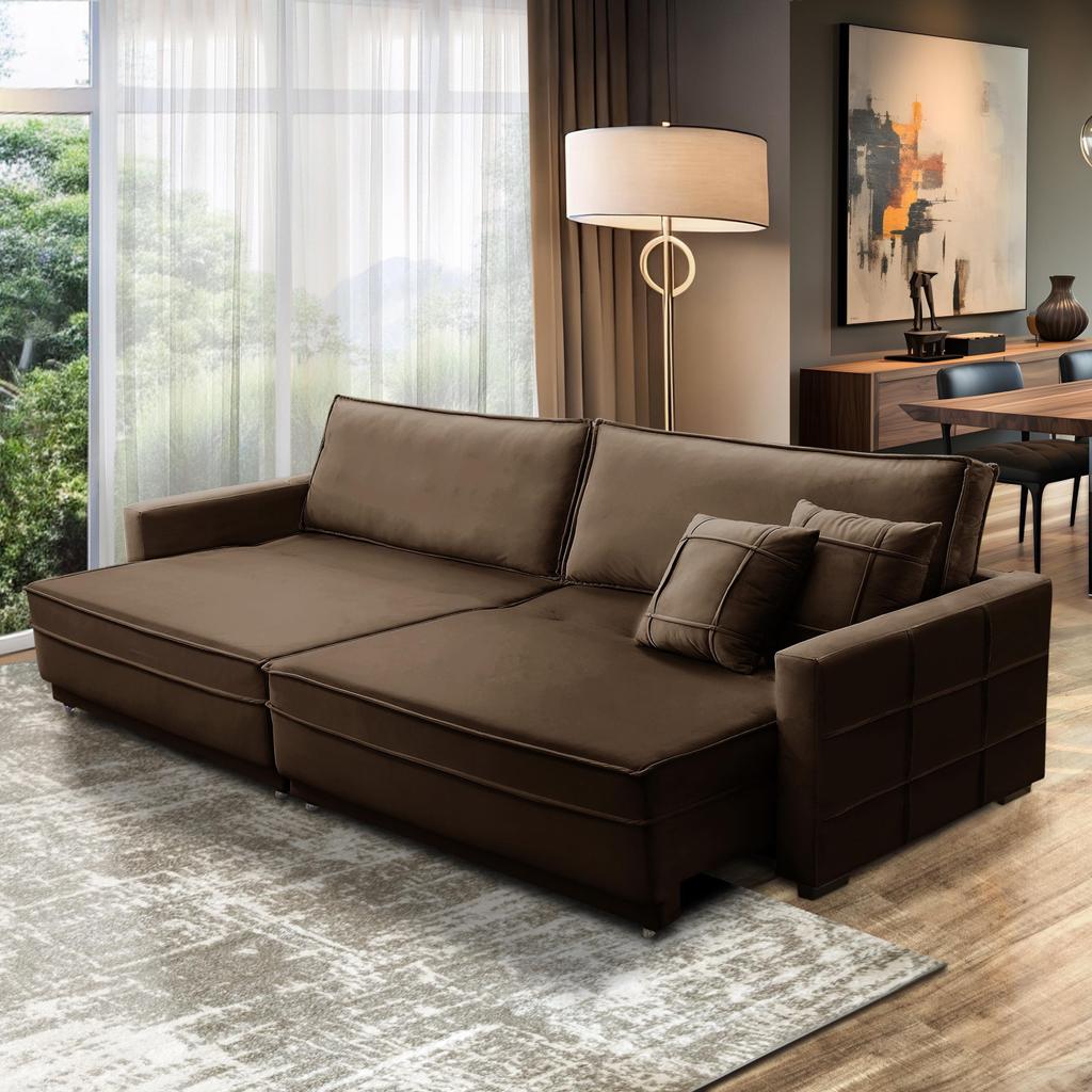 Sofá Sem Caixa Retrátil Reclinável 2,50m Karen Veludo Marrom Adonai Estofados em Oferta na Shopee