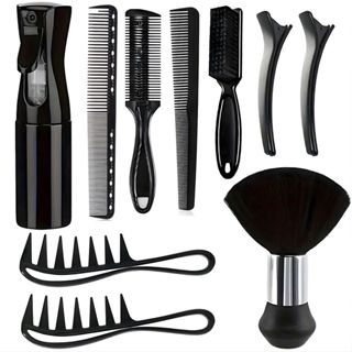 Kit 10 Itens Barbeiro Pentes Carbono + Espanador + Borrifador + Presilhas em Oferta na Shopee