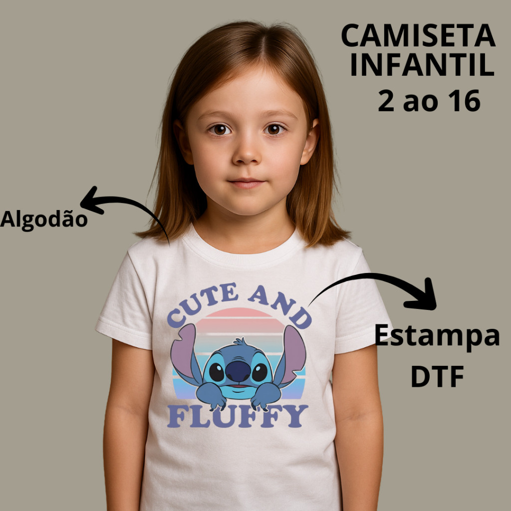 Camiseta Infantil Criança Estampada Minimalista Stitch Filme Tendência Menino Menina 2025/2026 100% Algodão