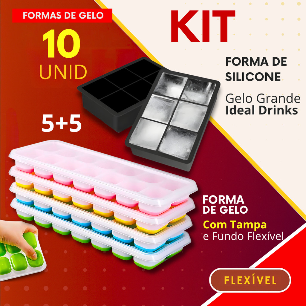 Formas de Gelo 2, 4, 6 ou 10 Pçs Fundo Flexivel + Forma Cubo Grande Drinks Bebidas Bares Bar