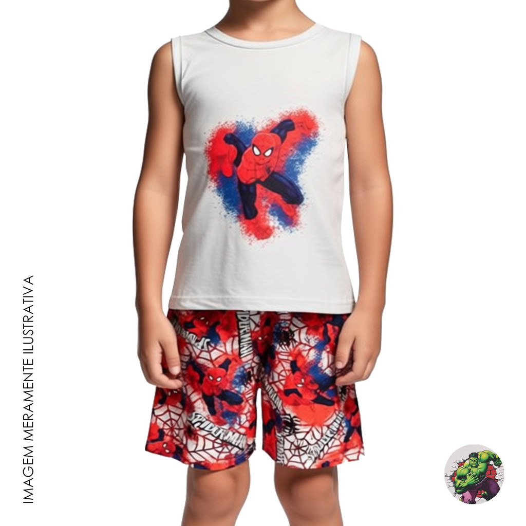 Conjunto pijama infanto juvenil masculino menino shorts e regata estampa personagens homem aranha hulk