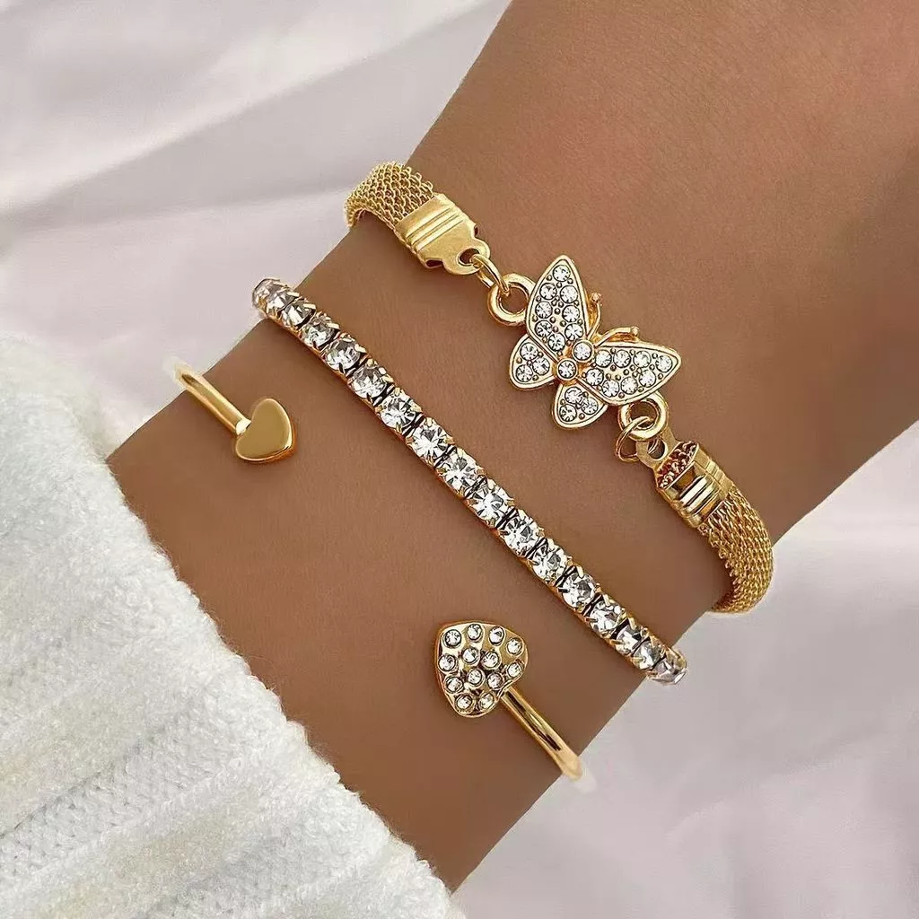 Conjunto de 3 peças borboleta coração bracelete aberto criativo vintage moda mulheres jóias — imagem 1