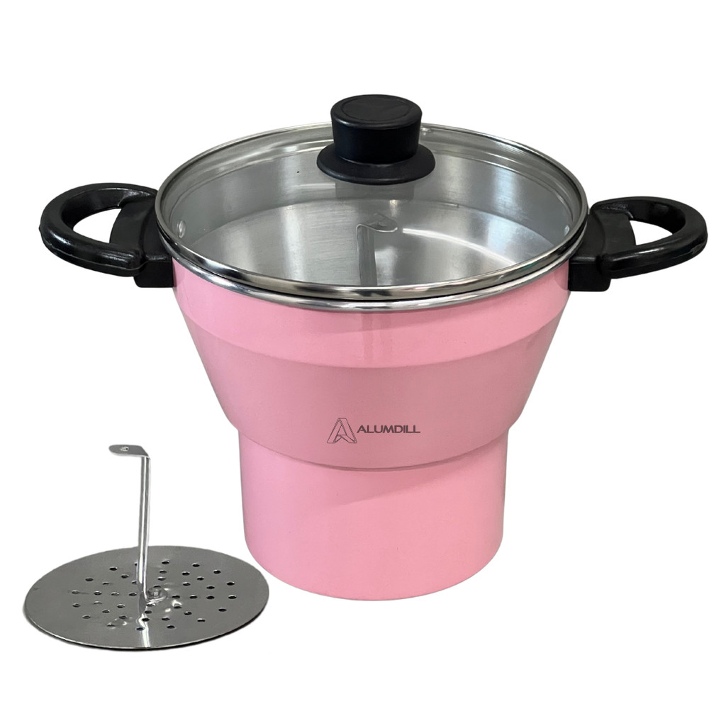Cuscuzeiro Panela para Cuscuz Cuscuzeira N° 18 de Aluminio Nordestino Rosa Bebê com Tampa de Vidro
