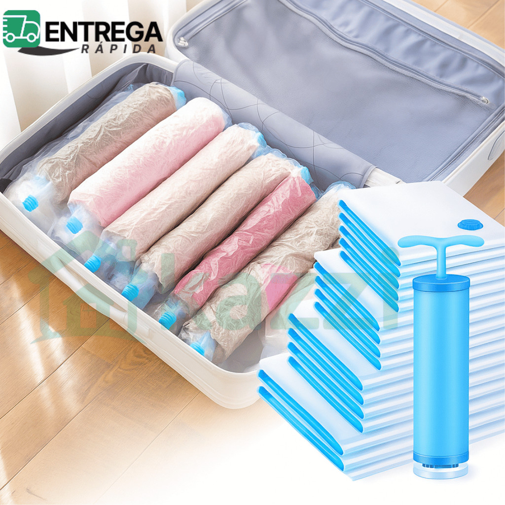 Kit 5 a 10 Saco a Vácuo Roupa Cobertor Viagem Organizador + Bomba Manual ou Elétrica 127V/220V