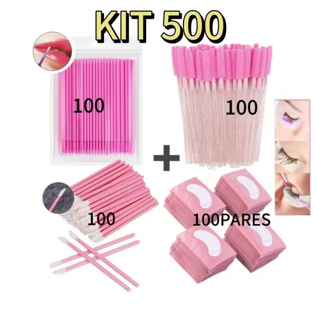 Kit - 100 Escovinhas + 100 Microbrush + 100 Aplicador +KIT 100 Pares de Gel Pads (200 Unidades) de Batom Alongamento
