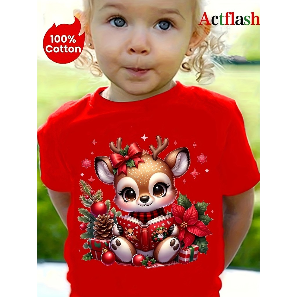 T-shirt de Manga Curta  Crianças, Estampado Reino do Natal  Desenho Animado, Casual