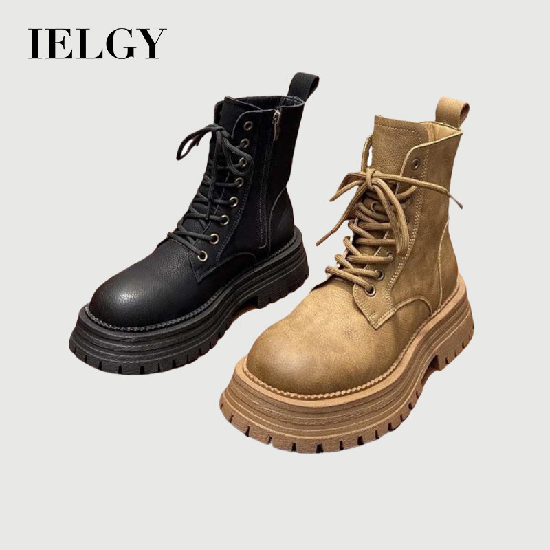 IELGY 2025 Botas Martin Com Plataforma Feminina Preta Outono/Inverno Estilo Britânico Forrado De Lã Curtas Grossas