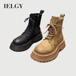 IELGY 2026 Botas Femininas Pretas Com Plataforma Outono/Inverno Estilo Britânico Forrado De Lã Curtas Grossas