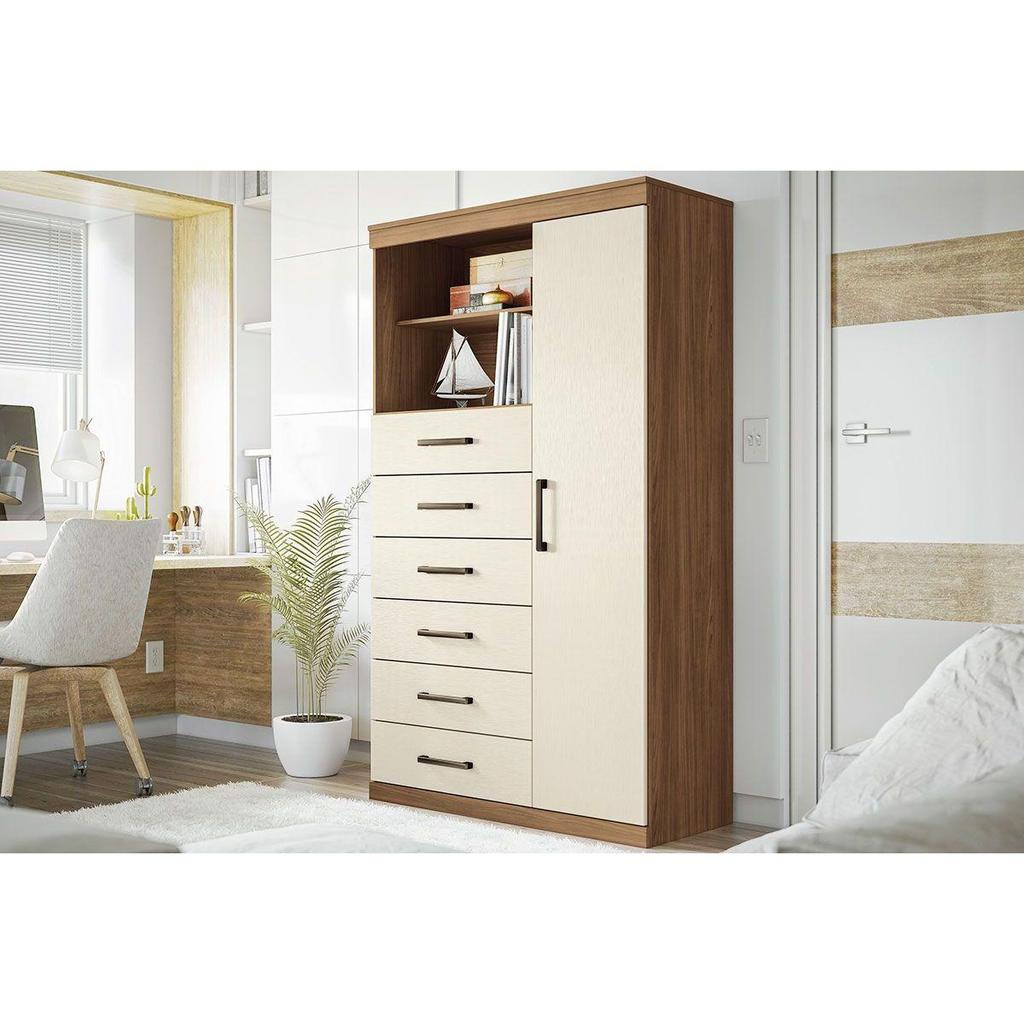 Cômoda de Quarto Marabá 1.6 c/ 1 Porta 2 Nichos e 6 Gavetas jatoba/Areia - Santos Andirá em Oferta na Shopee
