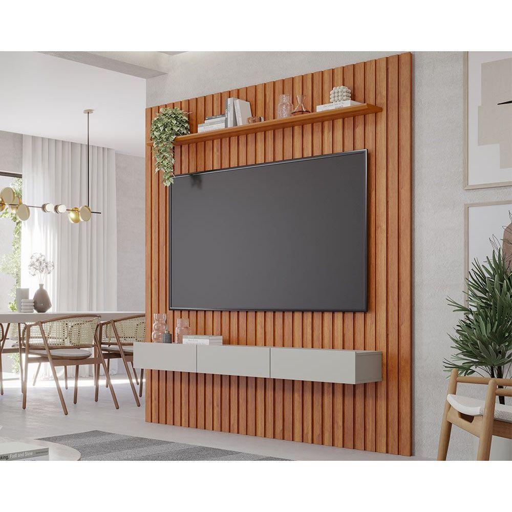 Rack Bancada c/ Painel p/ TV até 65 Pol Maragogi Ripado 1 Porta e 2 Gavetas 185x220cm Cinamomo/Off White - Permóbili em Oferta na Shopee