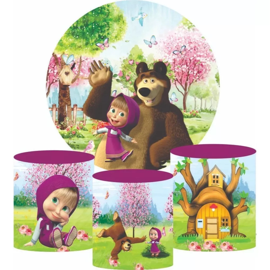 Kit Capa Painel Redondo + Capa De Cilindro Tema Masha E O Urso