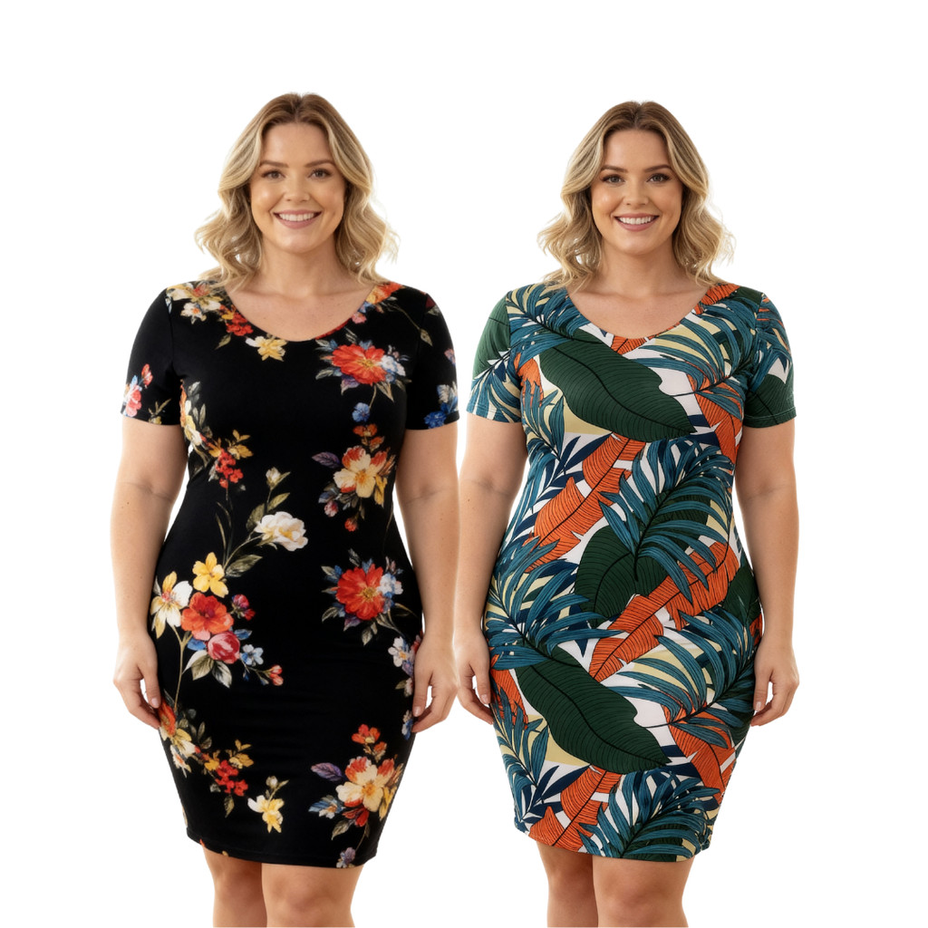 Kit 2 Vestidos Liganete Plus Size Lindas Estampas Variadas em Oferta na Shopee