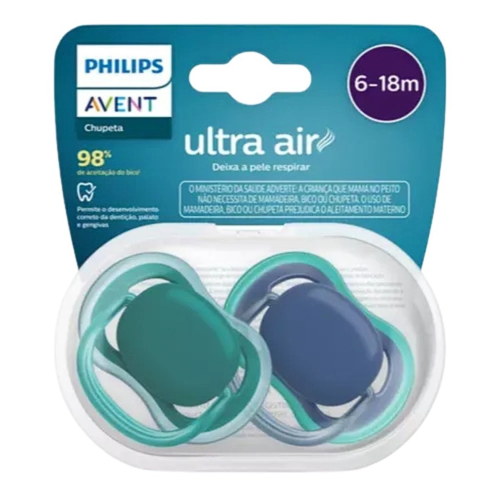 Chupeta Ultra Air Philips Avent 6–18 Meses – Kit Duplo Lisa Azul e Verde (SCF085/31)