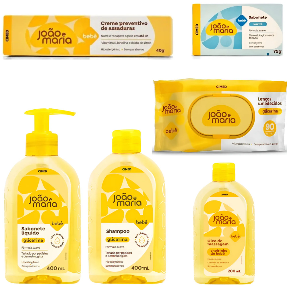 KIT C/6 ITENS JOÃO E MARIA SHAMPOO 400ML, SAB LIQ. 400ML, SAB EM BARRA, ÓLEO, LENÇO, POMADA