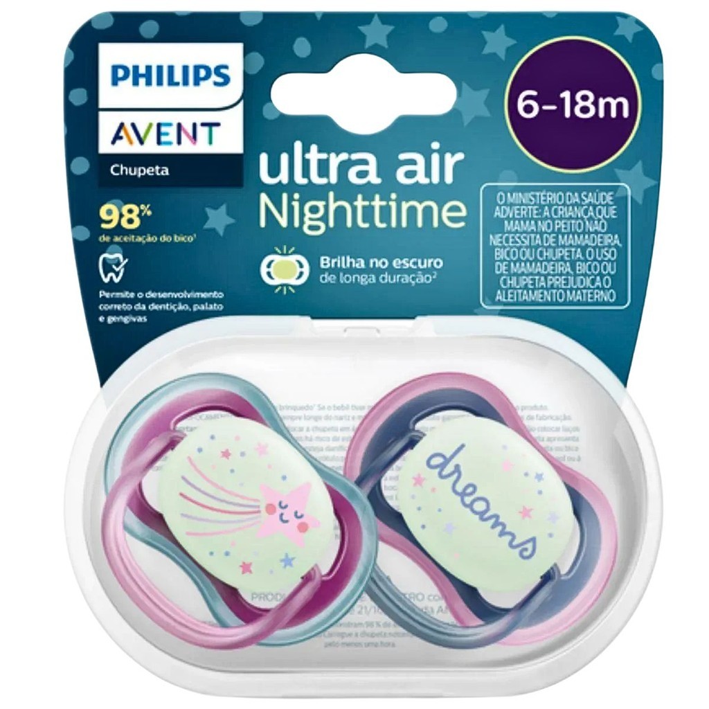 Chupeta Ultra Air Noturna Philips Avent 6–18 Meses – Kit Duplo Azul e Rosa (SCF376/14) em Oferta na Shopee