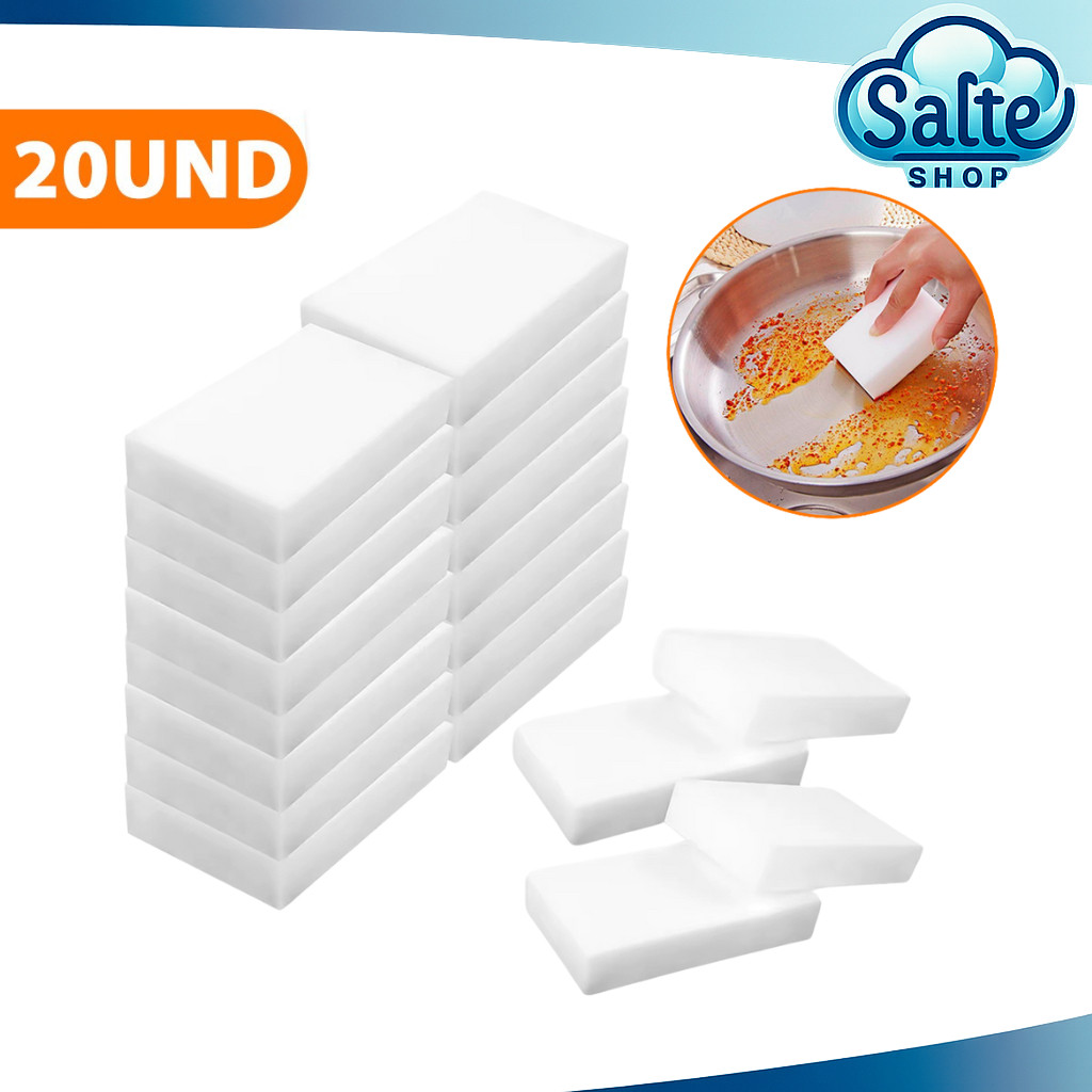 Kit 20x Esponjas Mágica Branca de Melamina Limpeza Profunda Tira Manchas Riscos Mágica Multiuso Casa