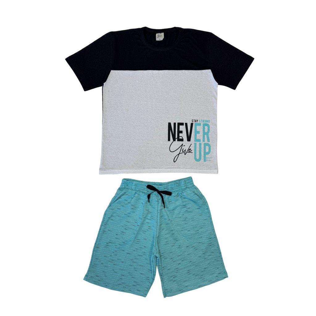 Conjunto Juvenil Masculino Meia Malha/Moletinho Jet Branco Com Turquesa