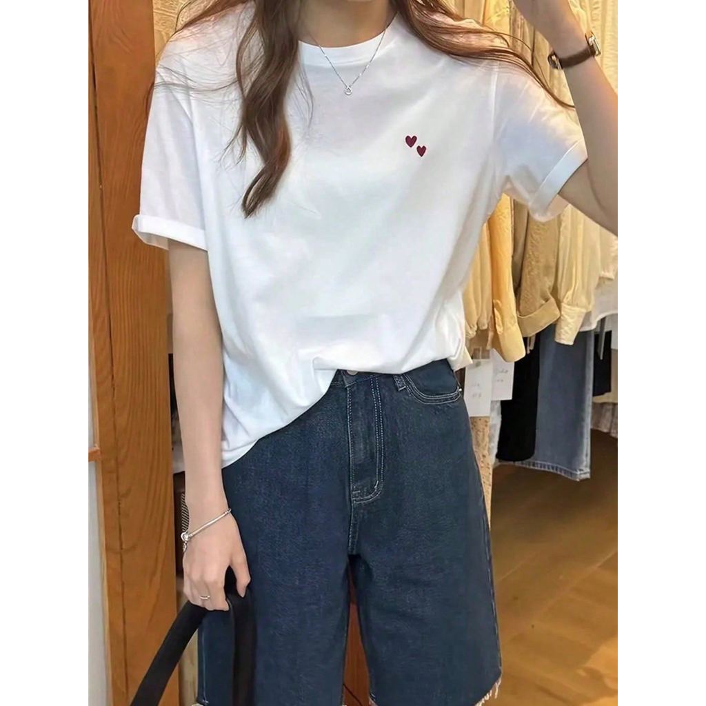 Camiseta Feminina Corações Verão Primavera Gola redonda Camiseta Casual & Esportiva 100% Algodão Lançamento