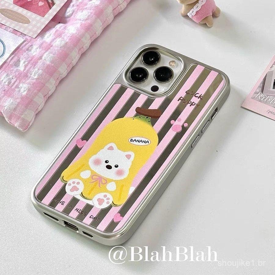 Capa de Telefone de Vidro Temperado com Design de Grade de Cachorro Banana Rosa, Borda Prateada Eletroplated, Compatív