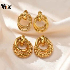 Vnox Geométrico Oco Círculo Dangle Brincos Ouro Aço Inoxidável Hipoalergênico Para Mulheres Menina Moda Jewely