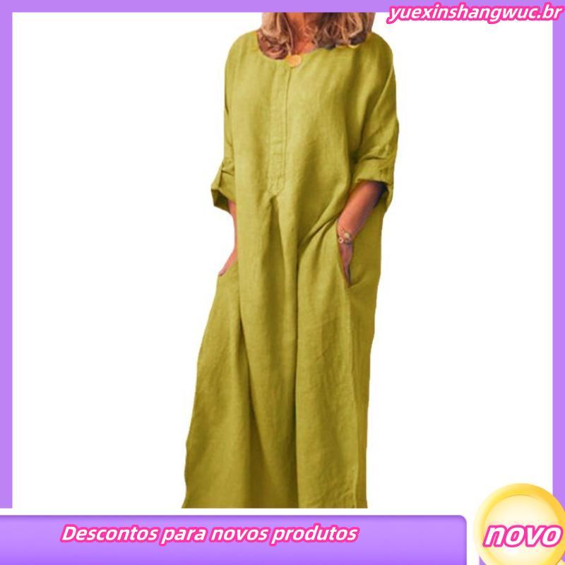 Cute_Vestido Kaftan Feminino De Algodão / Linho / Cor Lisa / Casual / Kaftan