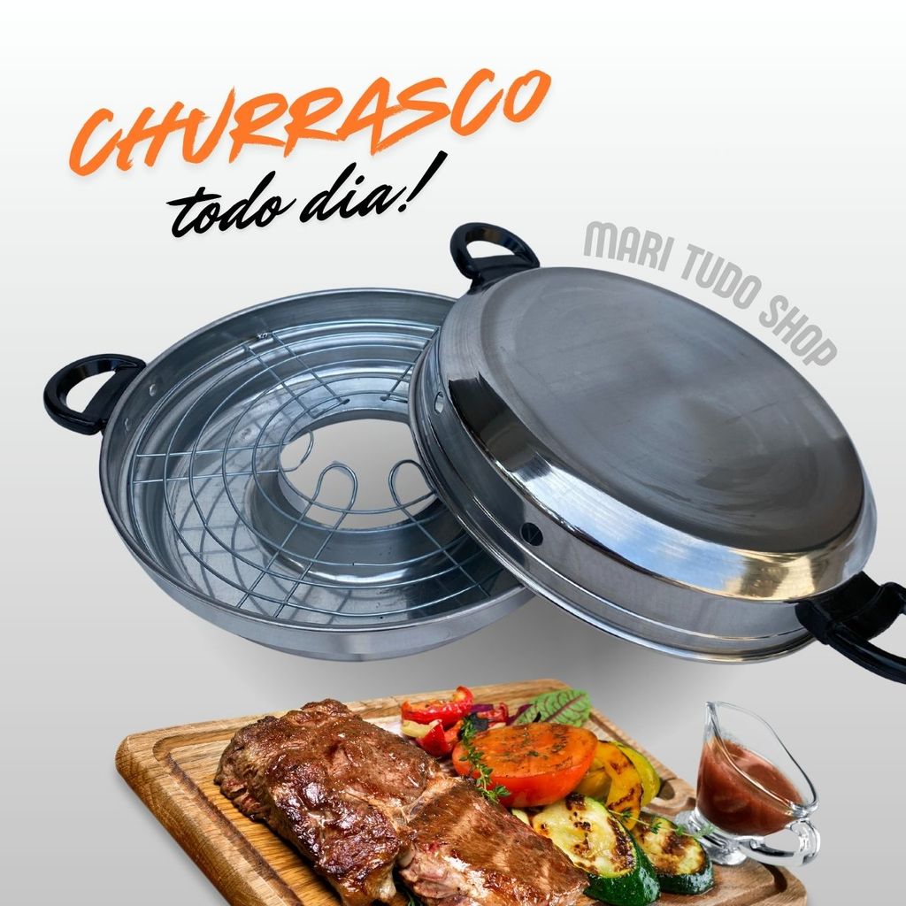 Churrasqueira Assadeira e Grill P/ Boca De Fogão Em Alumínio Polido P/ Grelhar Carnes Peixes Legumes