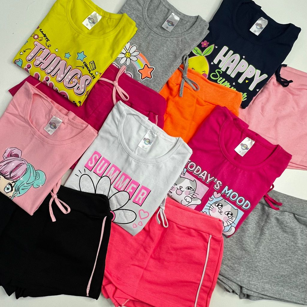 kit 3 conjuntos juvenil menina 10 ao 16 estampas variadas com short saia e blusinha manga japonesa