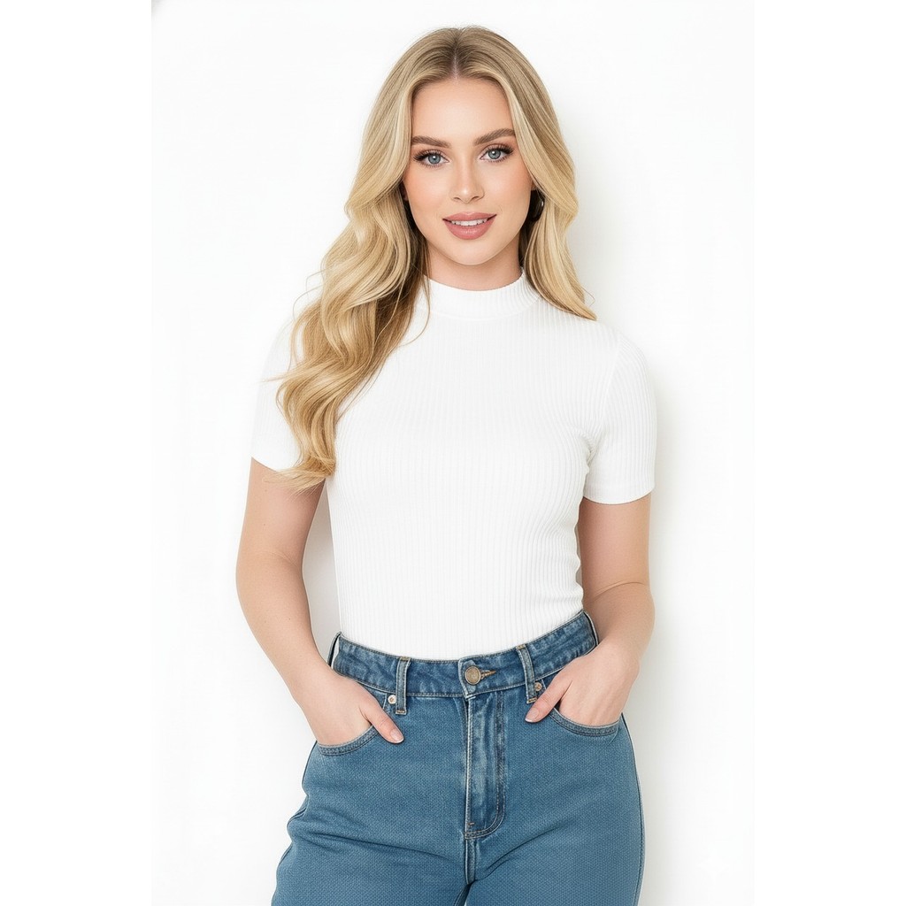 blusa feminina elastano canelada gola alta manga curta moderna